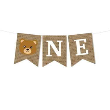 Imagem de Teddy Bear One Burlap Banner Beary First Birthday Party Decorations Banner, Happy Camper Party Decorations for 1st Birthday, Camping Themed Party Decor