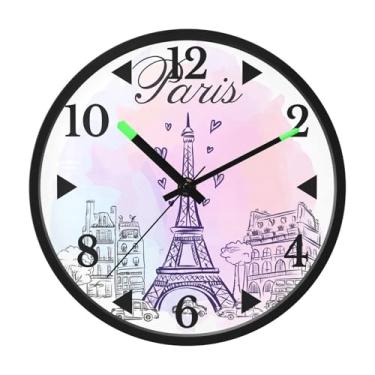 Imagem de STAYTOP Relógio de parede romântico de LED Torre de Paris para quarto com brilho noturno, relógios de parede silenciosos de 30,5 cm para decoração de sala de estar, controle de som, relógio de parede