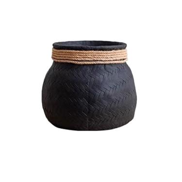 Imagem de KHUTRW3D Vaso de flores de cimento preto redondo com padrão de tecelagem de bambu, para plantas internas e externas com orifício de drenagem, pequeno vaso interno e externo