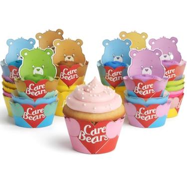 Imagem de Embrulhadores de cupcake descartáveis Cheerful Care Bears Party 64,8 cm x 40,6 cm (pacote com 12) – Mangas de papel multicoloridas para cupcakes padrão – Perfeito para aniversários infantis, mesas de