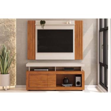 Imagem de Rack Bancada c/ Painel p/ TV até 50 Pol Trend/Verano Ripado Porta e Nichos 136x174cm Freijó/Off White - DJ Móveis