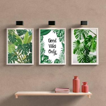Imagem de Kit 3 Quadros Folhagens Good Vibes Only 33X24 C/Vidro Branca