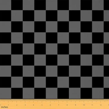 Imagem de Tecido quadriculado retrô preto cinza xadrez estofado para cadeiras sofá sofá geométrico vintage para projetos de bricolage em casa, decoração impermeável, poliéster, moderno, simples, groovy, 3