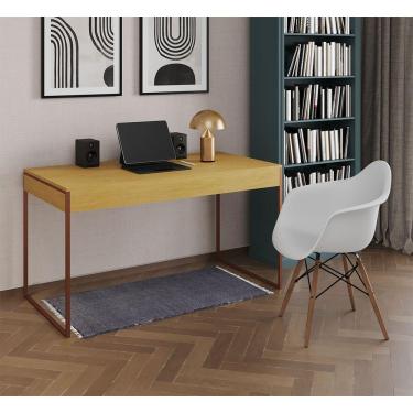 Imagem de Escrivaninha Home Office Estilo Industrial Canela 137X53Cm Base Cobre Com 1 Poltrona Branca