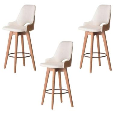 Imagem de Kit 03 Banquetas Alta Giratória Com Encosto Lary Para Cozinha Composê Corino Nozes E Linho Bege - Aurora Line