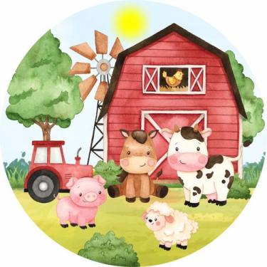 Imagem de Painel de Lona Redondo Fazendinha Aquarela Trator e Celeiro Dia de Sol
