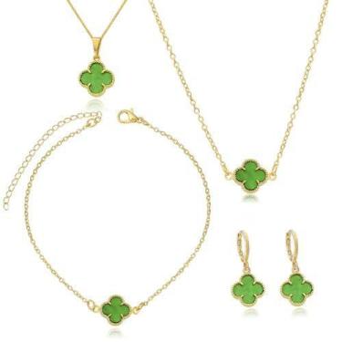 Imagem de Kit Semijoias Trevo 4 Folhas Verde Conjunto Choker Gargantilha Pulseir
