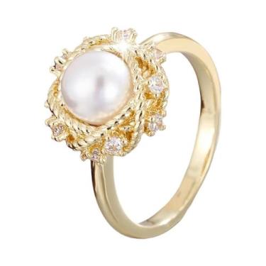 Imagem de Anel Elegante Feminino Com Pérola Imitada E Zircônia Para Festas E Cas