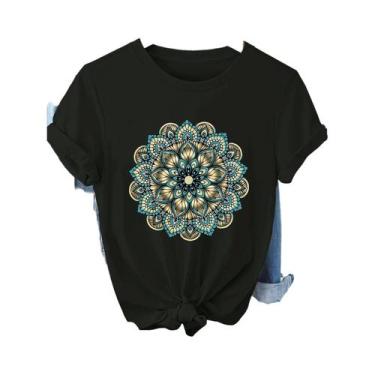 Imagem de Camiseta Floral Mandala Verde Escuro Para Mulheres Com Detalhes Dourad