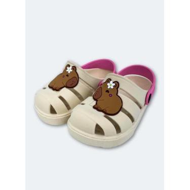 Imagem de Babuche Infantil Menina Bege com Tira Rosa Capivara com Flor - Molekad