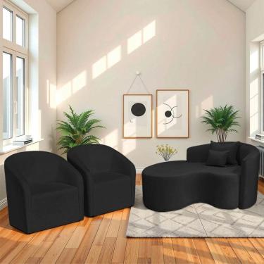 Imagem de Kit Recamier Curvo Sala De Estar 150cm Lado Esquerdo E 2 Poltronas Orgânica Luiza Max Bouclé Preto