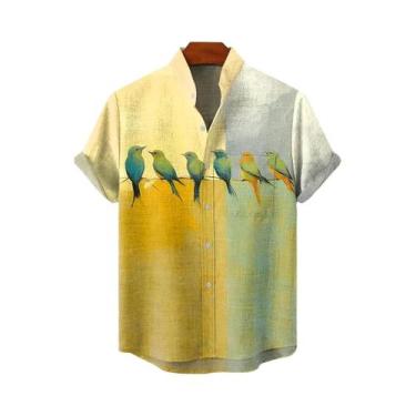 Imagem de Camisa Masculina Retrô De Linho Manga Curta Estampada Com Padrão De Ar