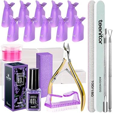 Imagem de Teenitor Kit de ferramentas de removedor de pó de esmalte para unhas com clipes de unha, pastilhas de removedor de unhas, óleo de cutícula, lixa de unha, bloco de polimento, cortador de unhas, descascador de cutículas, empurrador e cortador