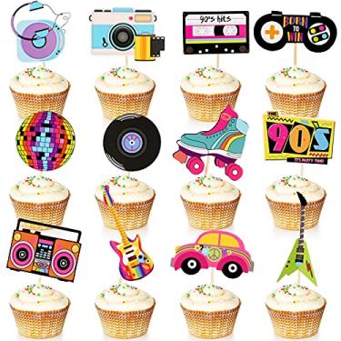 Imagem de 48 peças de topo de cupcake de sobremesa dos anos 90 anos 90, topos de cupcake retrô da década de 1990, palitos de bolo temáticos retrô para decoração de festa dos anos 90