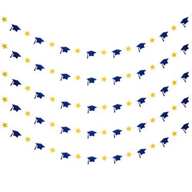 Imagem de 5 peças de boné de formatura azul e amarelo, estrelas, guirlanda, decoração de festa de formatura, decoração de festa de formatura, decoração de casa, decoração de sala de aula