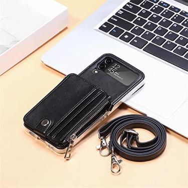 Imagem de Capa de telefone transversal com zíper para Samsung Galaxy Z Flip 4 5G compartimento para cartões de crédito capa traseira de couro com cordão, preta, para Galaxy Z Flip4 5G