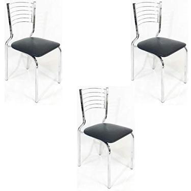 Imagem de Kit 3 Cadeiras Empilhável de Cozinha Cromada Assento Preto Pé em tubo 20x20 - Poltronas do Sul