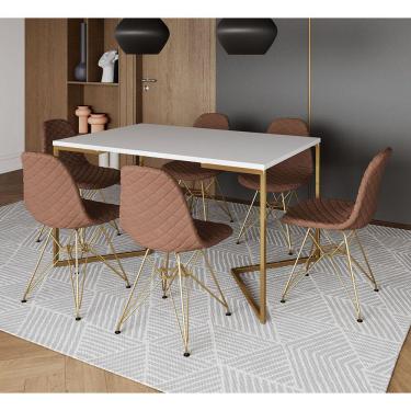 Imagem de Mesa Industrial Retangular Branca Base V Dourada 137x90cm 6 Cadeiras Estofadas Caramelo Dourada