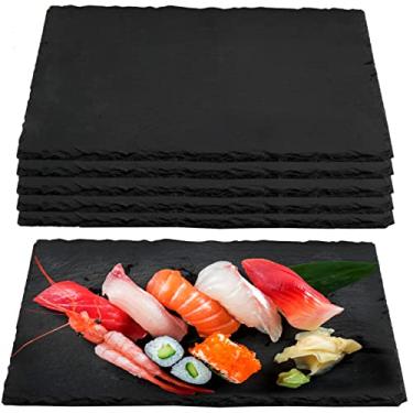 Imagem de PINGEUI Tábua de queijo de ardósia preta, 6 peças, 30,5 x 20,3 cm, pratos retangulares de pedra de ardósia com borda natural, bandeja de corte moderna para queijo, aperitivo, sushi, charcutaria