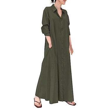 Imagem de Vestido feminino casual de botão e linho de algodão com bolsos, vestido de verão casual longo, GN2, GG