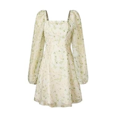 Imagem de Camisa Feminina Ditsy Floral Print Square Neck Lantern Sleeve Dress (Color : Multicolor, Size : X-Small)