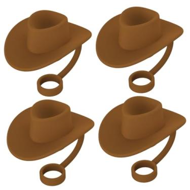 Imagem de Generic 4 peças tampas de palha tampa de silicone palha poeira plug engraçado multiuso favores de festa rolha de palha chapéu de cowboy em forma para uso, marrom