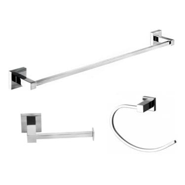 Imagem de Porta Papel Higiênico Ret Cromado + Porta Toalha de Banho 65cm + Toalheiro Argola Rosto Metal Inox