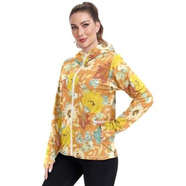 Imagem de Camiseta feminina com capuz de proteção solar com estampa de girassóis laranja com capuz FPS 50+ com capuz, Flor de girassóis laranja, GG