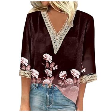 Imagem de Camisetas femininas de verão manga 3/4 com decote em V floral 2024, camisetas femininas casuais com acabamento em renda, blusas femininas elegantes e casuais, Vermelho 6, 3G