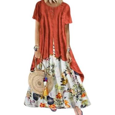 Imagem de Apvirdy Vestido feminino Boho gola redonda manga curta falso vestido de duas peças algodão linho floral vestido maxi verão, Vermelho, 3G