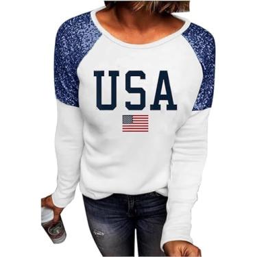 Imagem de Decogiver Camiseta feminina Memorial Day bandeira americana 4 de julho EUA estrelas listras manga longa camisetas patrióticas, Branco EUA 2 - azul marinho, XXG