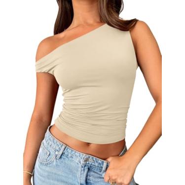 Imagem de Trendy Queen Camisetas femininas com ombros de fora, sem mangas, regatas cropped justas Y2K, roupas de verão 2024, Damasco, M