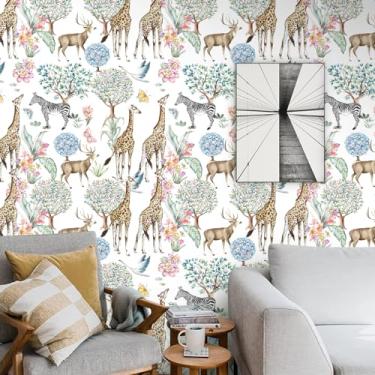 Imagem de 44,5 cm x 299,7 cm Papel de parede 3D animais da selva flores coloridas árvores floresta papel de parede autoadesivo aquarela girafa zebra veado floral contato papel de parede para quarto sala de