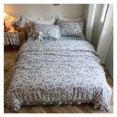 Imagem de Jogo de cama 100% algodão King floral 3/4 peças, capa de edredom com babados compatível com todas as estações, respirável, durável, lençol de cama (lençol D com elástico _solteiro)