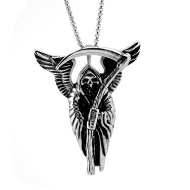 Imagem de Hifunny Colar Grim Reaper de aço inoxidável punk crânio foice pingente colar para mulheres e homens, joias de presente de Halloween, Metal, Strass