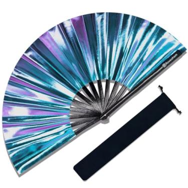 Imagem de Raveahem Ventilador de mão dobrável grande com glitter para homens e mulheres, ventilador de mão para EDM, festival, clube, festa, dança (holográfico azul-roxo, 33 cm)