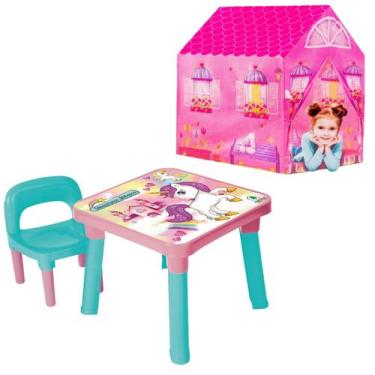 Imagem de Mesinha Didática Infantil Unicórnio + Barraca Princesa Rosa - Monte Lí