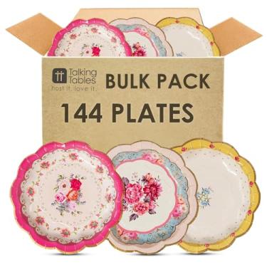 Imagem de Talking Tables |144x | Pacote de pratos de papel floral vintage, rosa, azul, amarelo, borda recortada, realmente delicioso, utensílios de mesa descartáveis, aniversário, festa no jardim, chás da