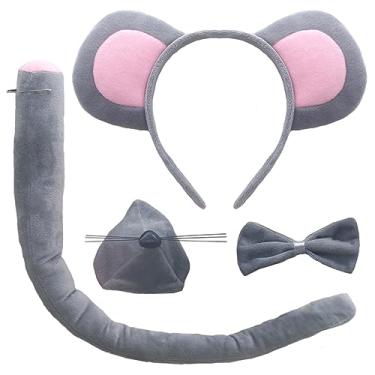 Imagem de 4 pçs Halloween orelhas de rato faixa de cabeça nariz laço laço cauda cinza mouse aros de cabelo feminino gravata borboleta animal faixa de cabelo faixas de cabelo cosplay vestido baile de máscaras natal chá de bebê acessórios de festa de aniversário