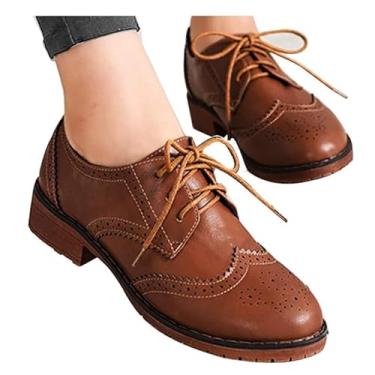 Imagem de Tênis feminino moderno Oxford salto bloco cadarço Derby casual Brogue tênis marrom, Marrom, 35