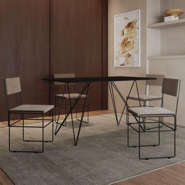 Imagem de Mesa Jantar Industrial Trama 1,40x0,80m Preta Com 4 Cadeiras Estofadas Vitória Bege E Preta Marrom