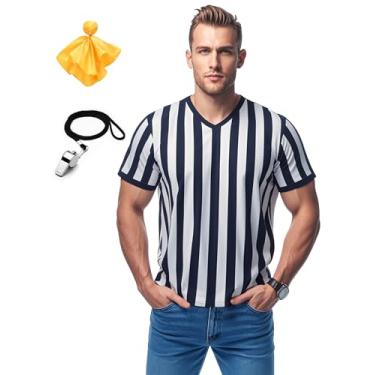 Imagem de ChinFun Camisa masculina de árbitro com gola oficial masculina Ref camisa Jersey manga curta futebol fantasia de Halloween, Decote em V - Bandeira e apito de penalidade, XXG