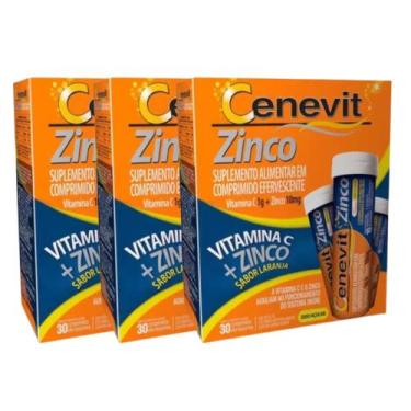 Imagem de Kit 3 Cenevit Vitamina C 1g + Zinco 10mg - 30 Comp Efervescente Sabor 