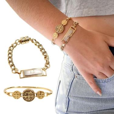 Imagem de Kit C/02 Pulseiras Feminina Braceletes Life e São Bento  Semijoia Banh