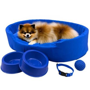 Imagem de Kit Pet Pequeno Cama Europa Potes Água Ração Coleira Bolinha - Supri P