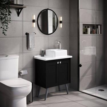 Imagem de Conjunto de Banheiro com Pé Paris, Espelheira, Tampo e Cuba em Mármore Sintético Texturizado Preto