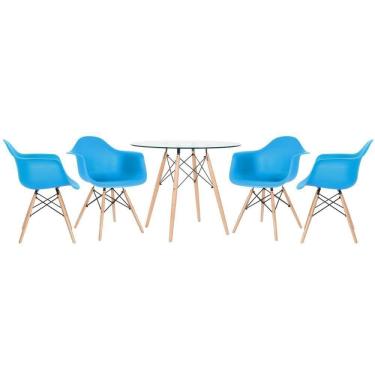 Imagem de Mesa Redonda Tampo De Vidro 90 Cm + 4 Cadeiras Azul Céu