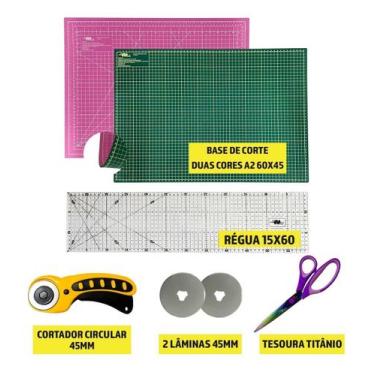 Imagem de Kit Base De Corte 60x45 Duas Cores Verde Rosa Régua 15x60 Tesoura de T