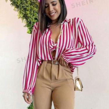 Imagem de conjunto camisa e croped feminino kimono listrado - ETEZO, Rosa