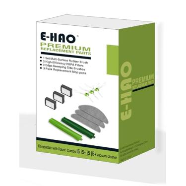 Imagem de E-HAO Peças de reposição a vácuo para modelos iRobot Roomba Combo i3, i3+, i5, i5+, i8, i8+, j5, j5+, 1 conjunto de rolos de borracha, 3 almofadas de limpeza reutilizáveis, 3 filtros HEPA e 3 escovas
